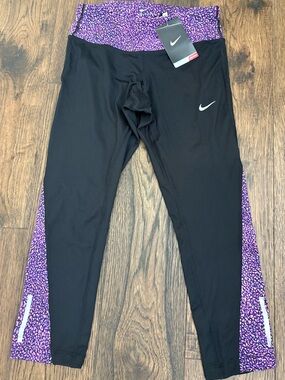 Nike Black Leggings with Purple Patterned Waistband & Side Panels